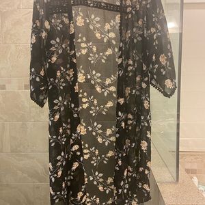 Black sheer floral kimono cover